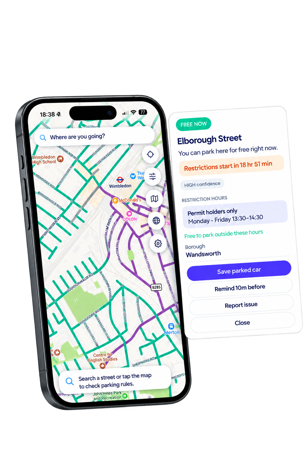 Kerbwise app screens showing a colour-coded street map and a street's parking rule details